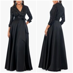 NWT Xscape Jonna Sequin Tuxedo Bodice and Satin Skirt Floor Length Dress Sz 8